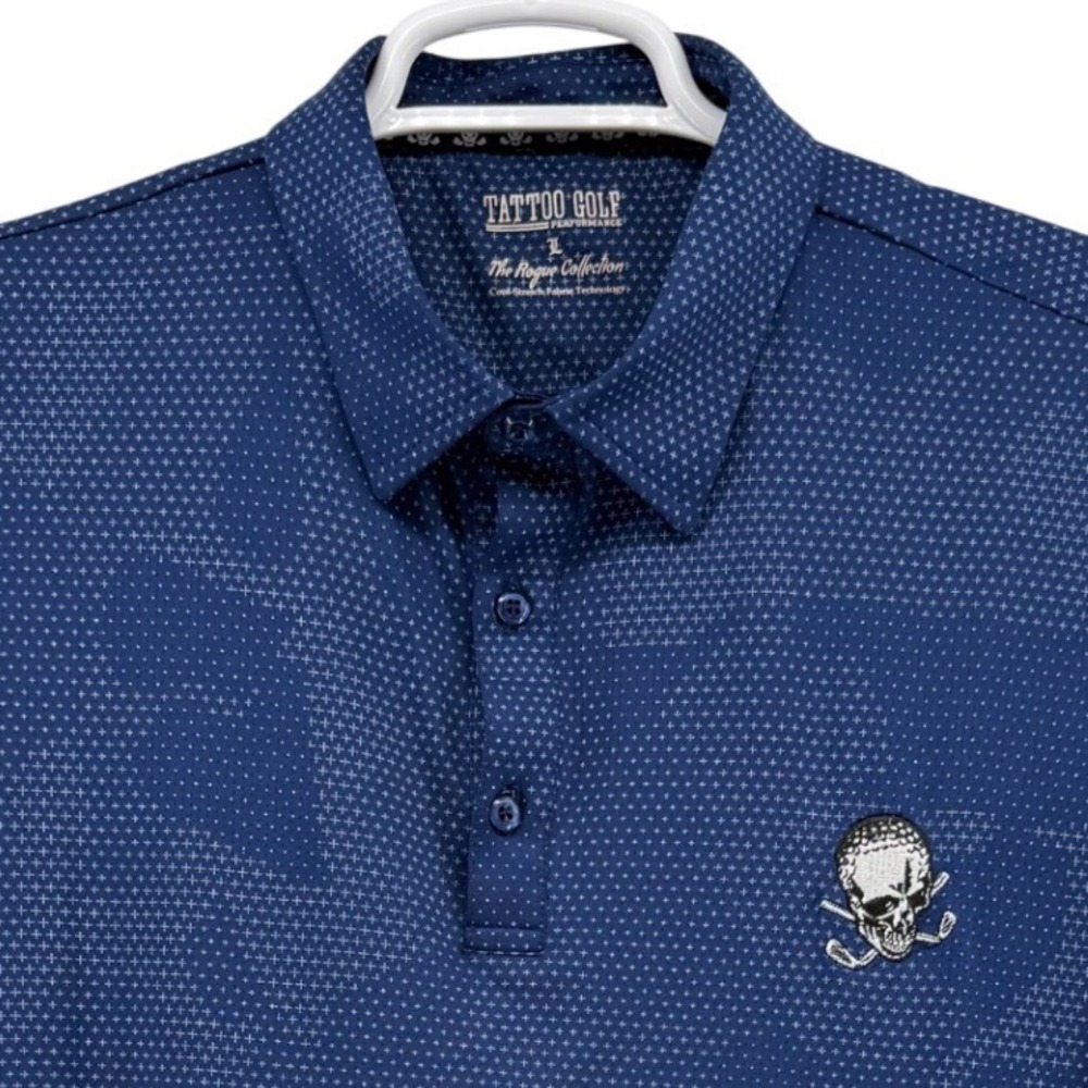 Tattoo Golf Performance Mens Large Rogue Collection Navy Blue Skull Polo Shirt